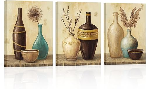 sechars Arte de pared vintage con florero, flores de granja, pintura de hierba de las pampas, lienzo, cuadros de lienzo, arte estético retro marrón,