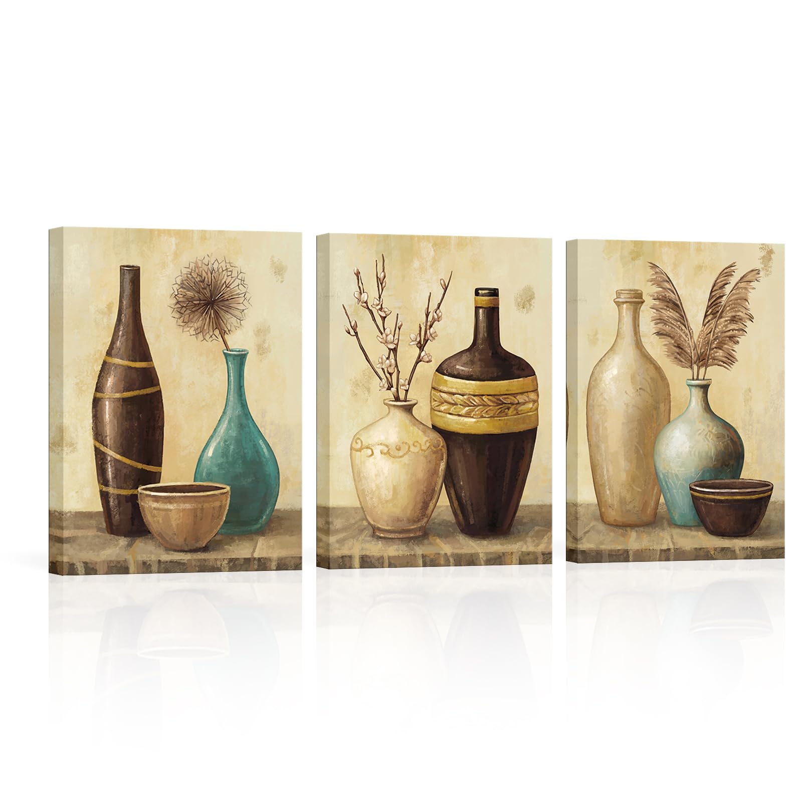 sechars Vintage Vase Wall Art Farmhouse Flowers Pampas Grass Painting Canvas Pictures Retro Brown Aesthetic Artwork Living Room Bedroom Decor (Brown, Small)