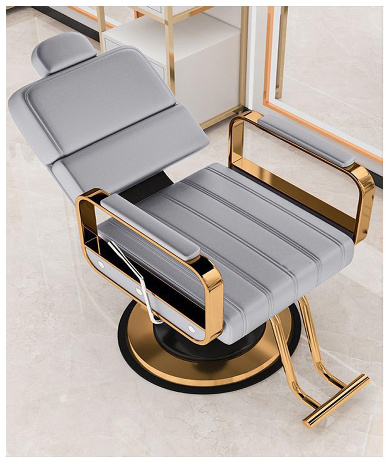 Krzesło fryzjerskie premium w kolorze jasnoszarym, ergonomiczne krzesło do stylizacji w kolorze złotym ze zdejmowanym zagłówkiem, wygodne dla profesjonalnych fryzjerów i stylistów włosów