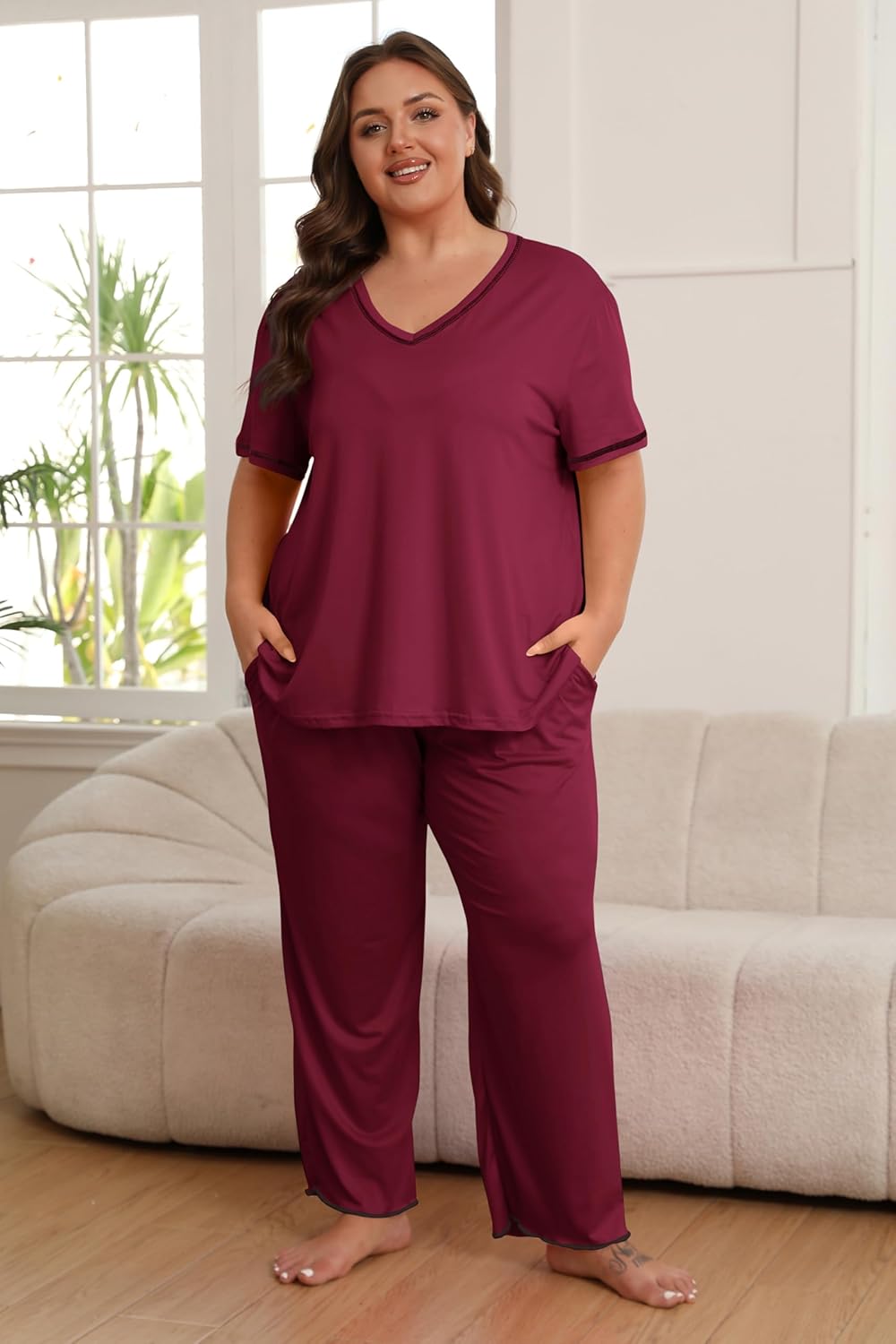 Vozanet Women's Plus Size Pajama Sets Short Sleeve Long Pants Solid Color with Piping Trim Elegant Loungewear Cozy Sleepwear - Image 3