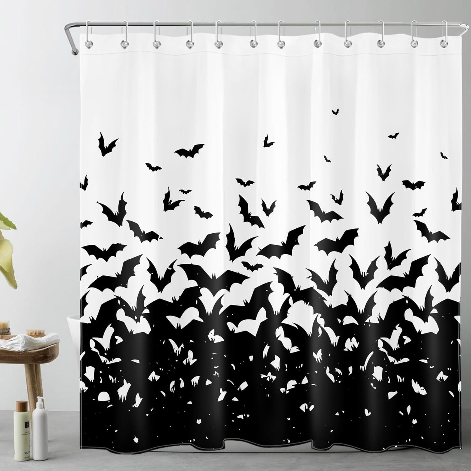 Halloween Spooky Bat Shower Curtain Horror Black Flying Bats on White Shower Curtain for Bathroom Funny Scary Cartoon Fabric Bath Curtain with 12pcs Hooks,72x78 Inch