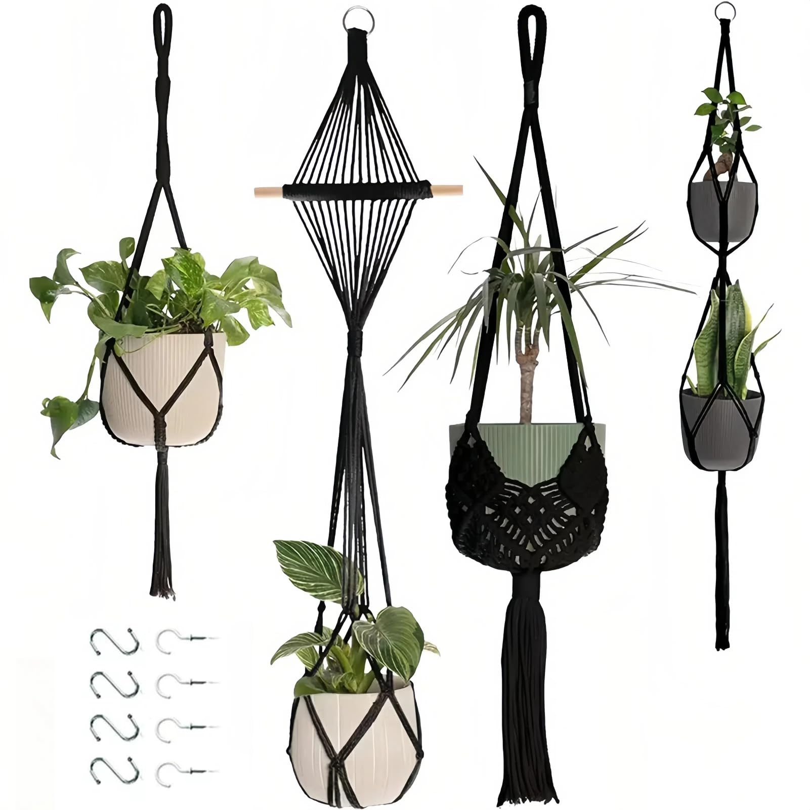 Makramee Blumenampel Hängend Innen, 4er Set Boho Deko Makramee Hängeampel mit Haken, Baumwollseil Blumentopf Hängend, Boho Zimmer Deko Aesthetic, Hängepflanzen Topf für Balkon Fenster Deko (Schwarz)