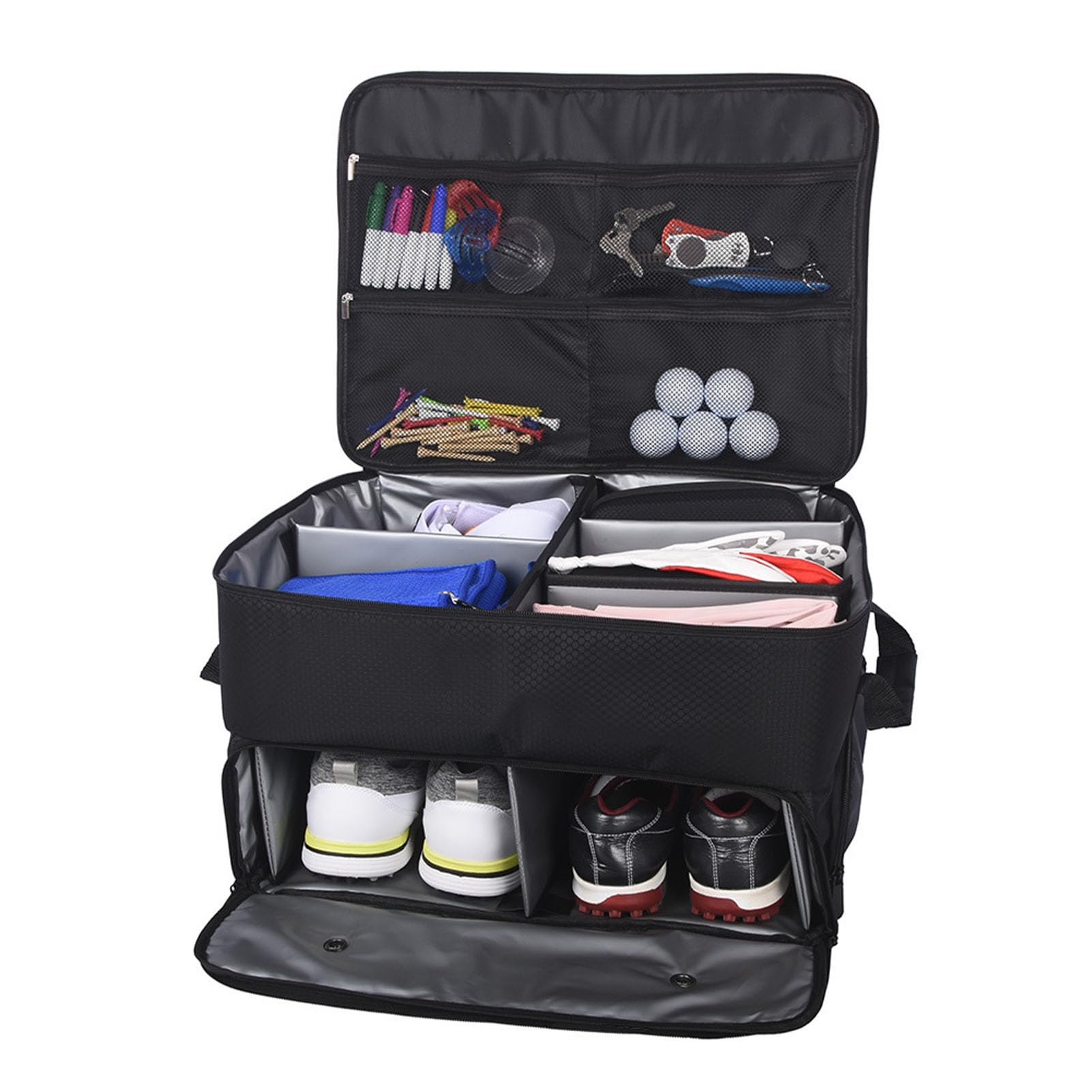 Haofy Organizer do Bagażnika Golfowego, Dwuwarstwowy Organizer do Samochodu Golfowego z PCV 45x34x26 Cm z 4 Przegródkami 2 Kieszenie na Buty Składany, Wentylowany Schowek dla Golfistów Podróżujących