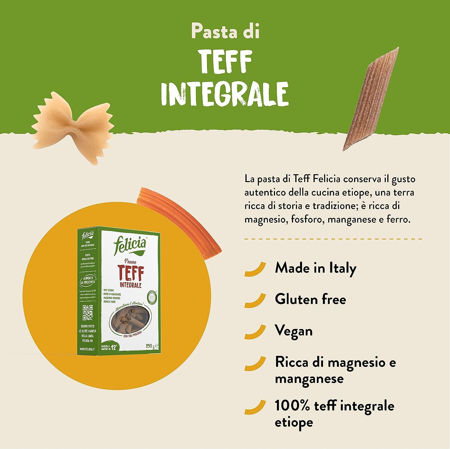 3 x Felicia Penne di Teff Integrale,Pasta con 100% grano integral, auténtico sabor de la cocina etíope, paquete de 250 g + lata italiana gourmet Polpa di Pomodoro de 400 g