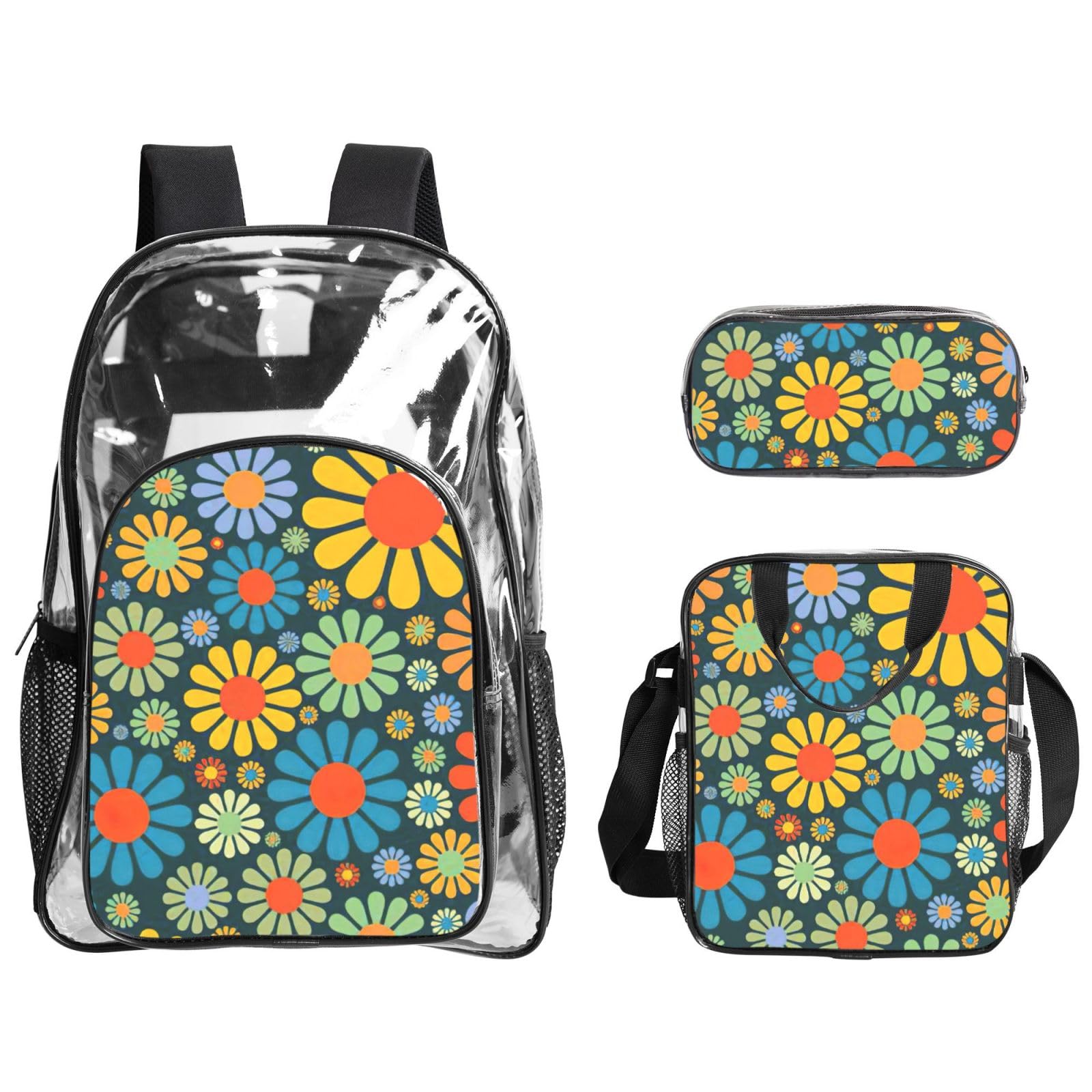 Hippie Pattern Stampa Trasparente Leggero 3 Pezzi Lunch Bag Combo Trasparente Zaino Set Scuola Viaggio