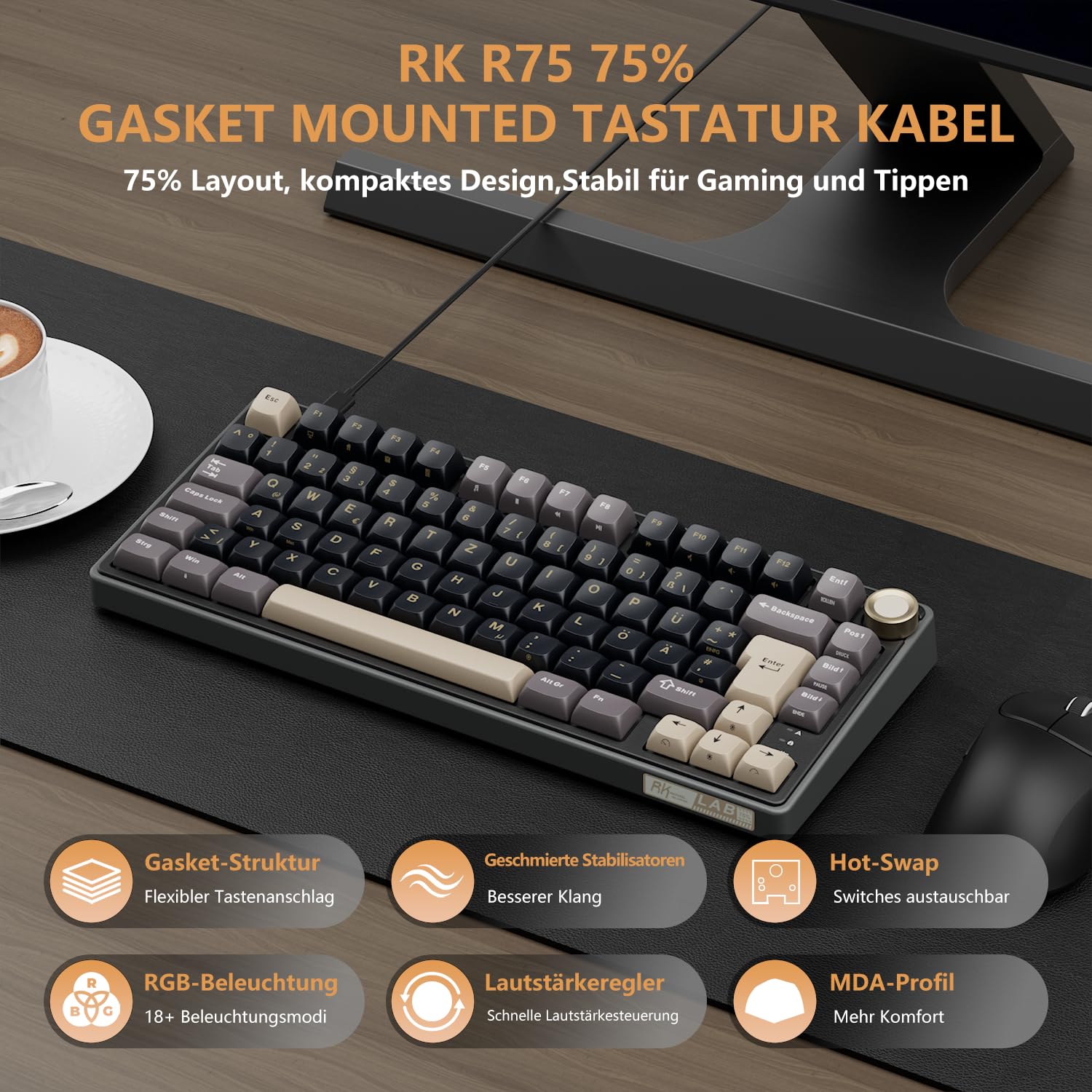 RK ROYAL KLUDGE R75 Mechanische Tastatur Kabel, Gaming Tastatur 75 Prozent QWERTZ RGB, Gasket Mechanical Keyboard mit CNC-Knopf, PBT MDA Tastenkappen, Hot Swap, Linear Creamy Switches, Schwarz