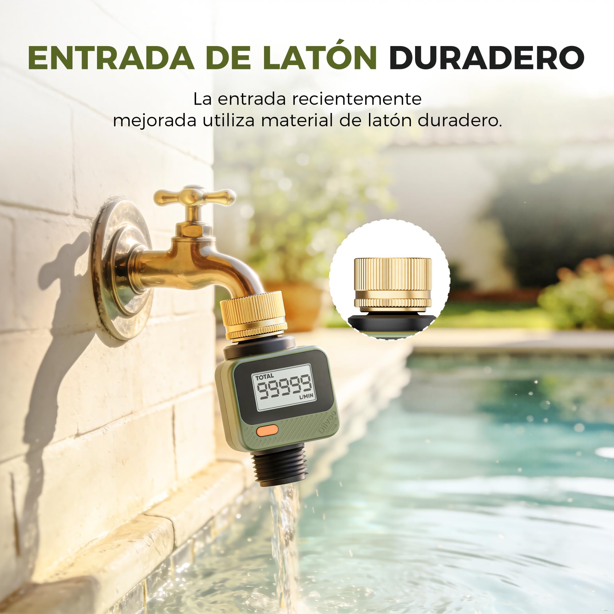 Diivoo Medidor de Agua para Manguera con Panel Extraíble 180°, 4 Modos Medición, Entrada de latón, Impermeable IP54,Caudalímetro Digital Agua para Depósito de agua de Caravana, Jardín, Piscina, Césped