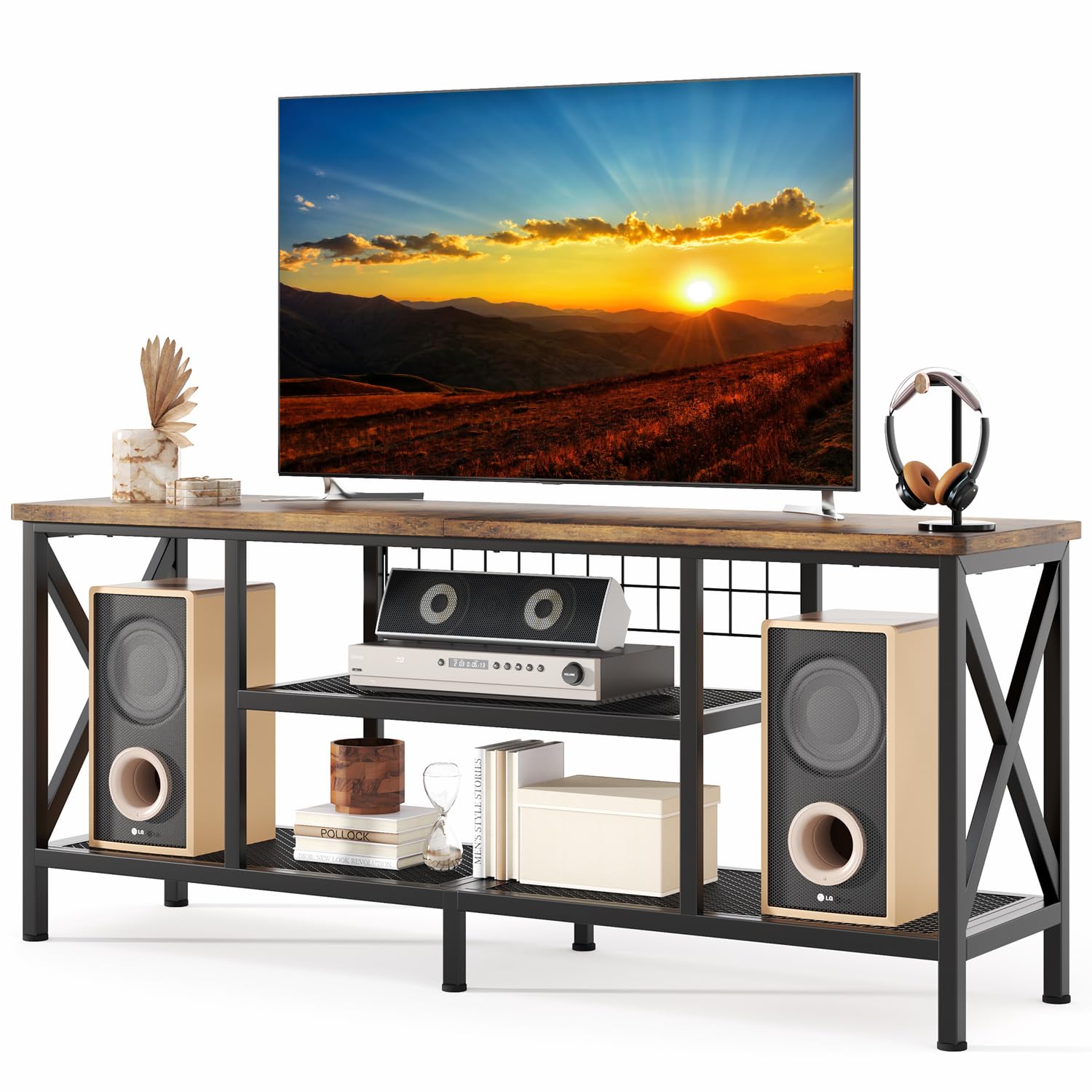 Gizoon 59.8" Industrial TV Stand for 55-65 Inch TVs, Rustic Brown, 3-Tier Media Entertainment Center with Open Shelves, Metal Frame, Sofa Table for