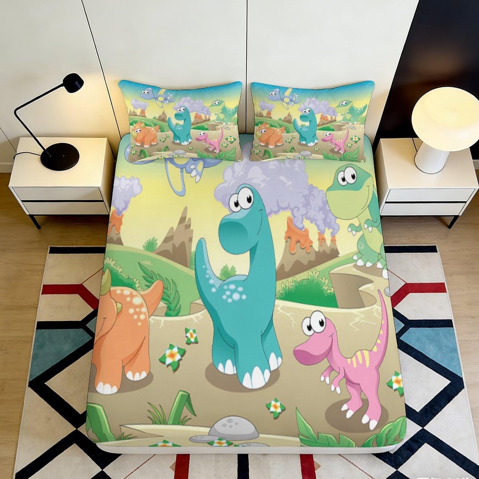3D Printed Cartoon Dinosaur Fitted Sheet Microfiber Soft Breathable Colorful Volcano Mattress Cover for Bedroom Guestroom Decor 90x200x25cm
