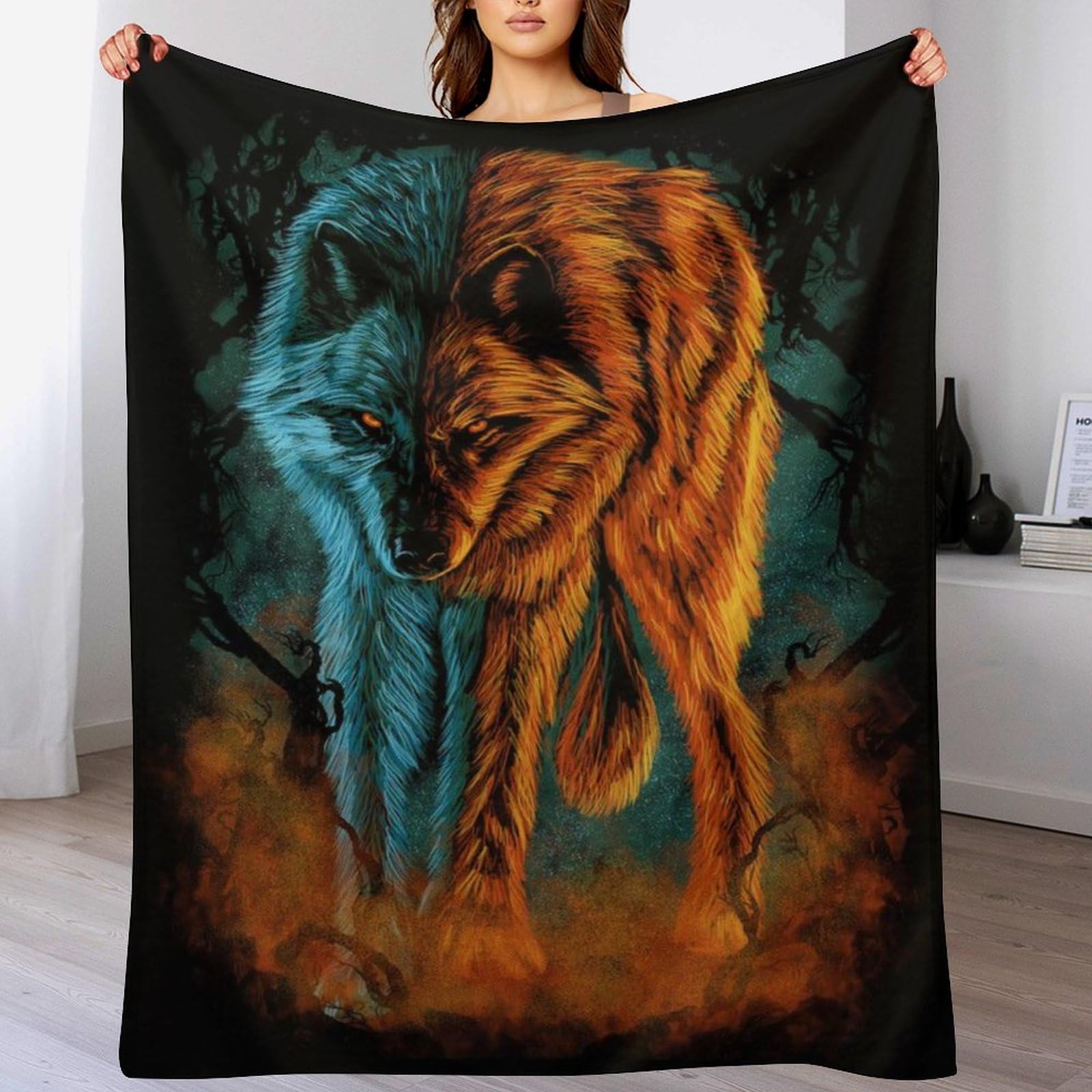 Couverture en flannel moelleuse et chaude loup lavable en machine