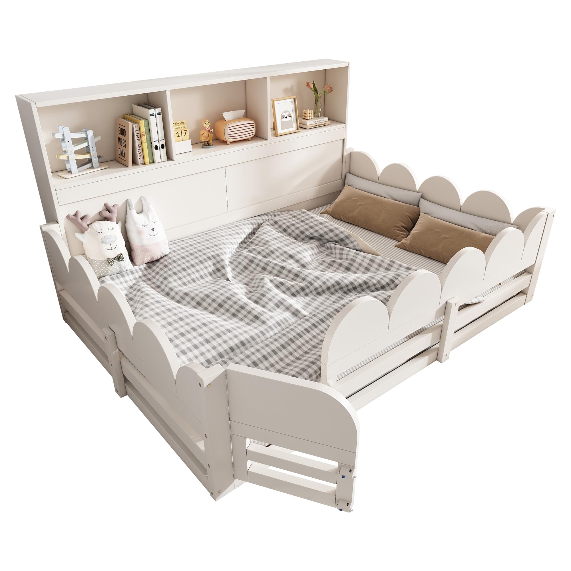 Cama de Suelo Infantil de Madera, con Barrera y Estante, Blanco, 140x190 cm