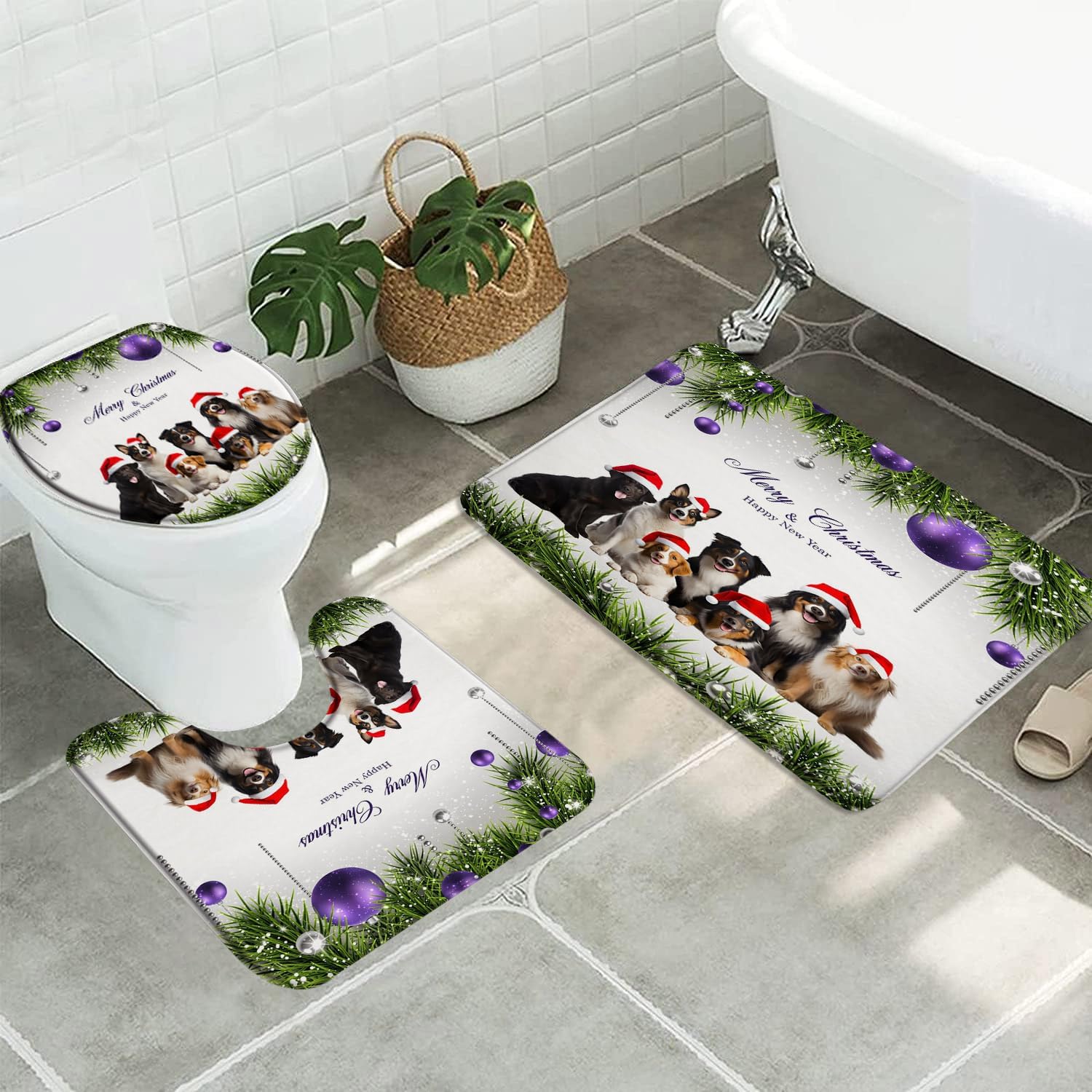 3pcs Christmas Dogs Bathroom Sets with NonSlip Rug,Toilet