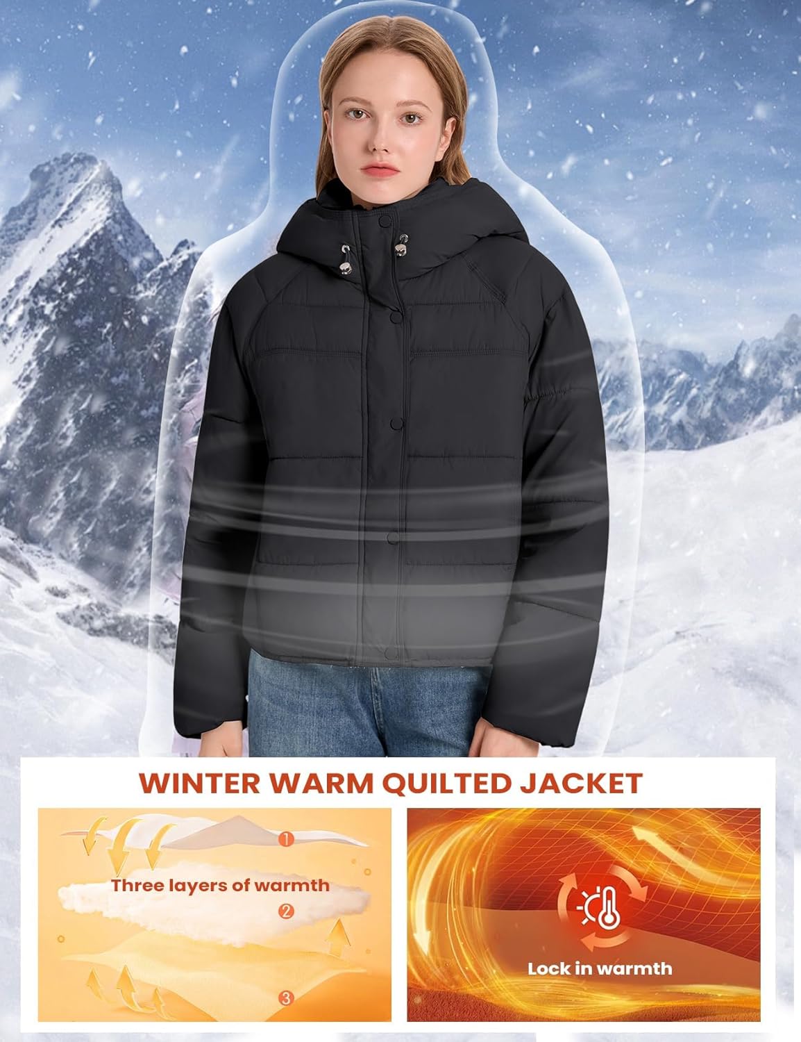 Gihuo Womens Quilted Puffer Jacket Winter Warm Hooded Bubble Coats Padded Jacket Long Sleeve Coat - Image 2