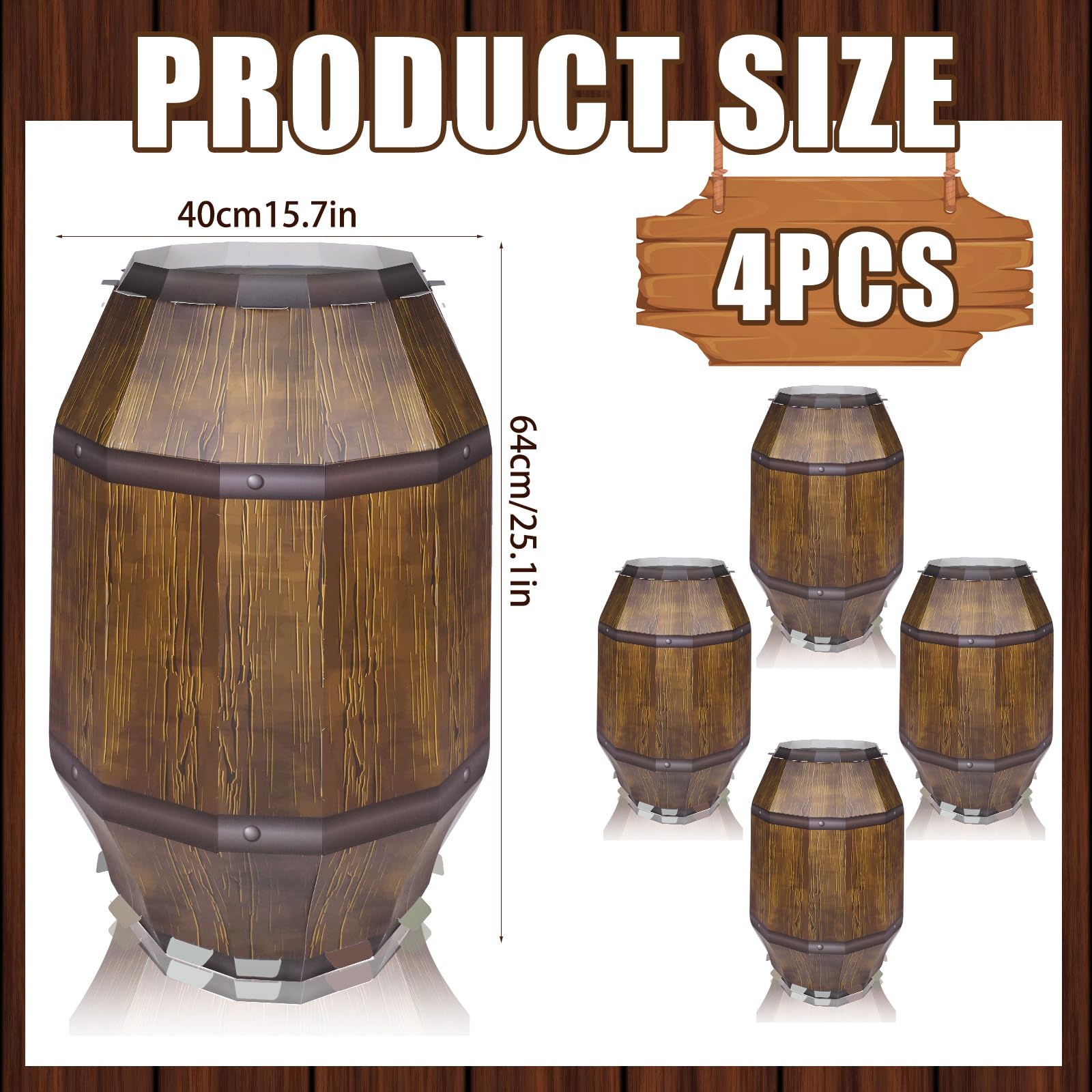 Fjoron 4 PCS Western Cowboy Party Decoration 25.1Inch Pirate Barrel Party Decorations Large Cardboard Wine Barrel Whiskey Party Supplies Western Photo Booth Props Decoration
