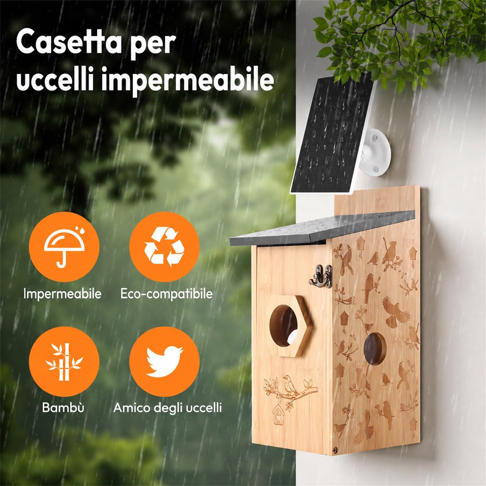 Casetta per Uccelli con Fotocamera Solare 5MP, Contenitore per Uccelli per Esterni, 2,4G WiFi e Notifica APP, Registrazione Video/Foto e Rilevamento del Movimento, Osservare la Vita Degli Uccelli, B
