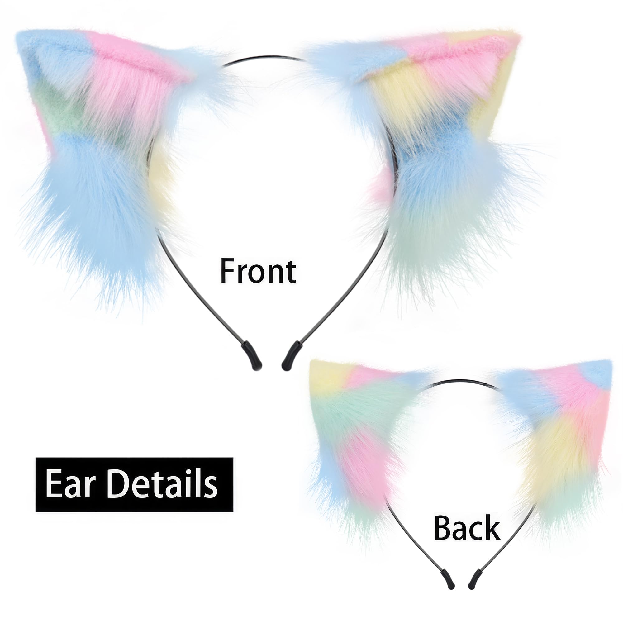 QinRuan Animal Cosplay Costume Accessories Furry Faux Fur Cat Ears Headband and Fox Tail Set Halloween Accessory: 2-rainbow