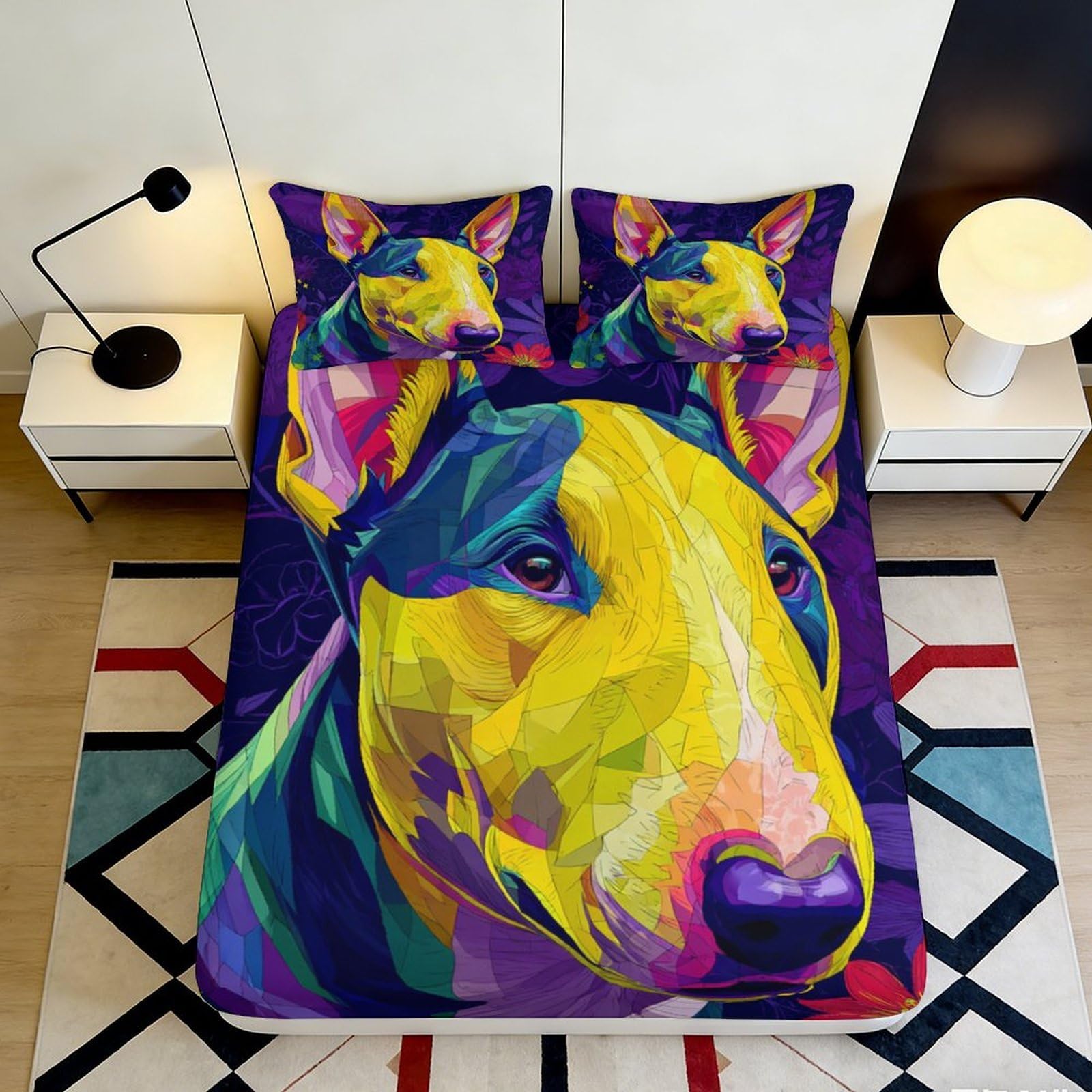 3D Printed Colorful Bull Terrier Fitted Sheet Microfiber Soft Breathable Dog Pattern Mattress Cover for Bedroom Dormitory Guest Room Protection 200x200x25cm