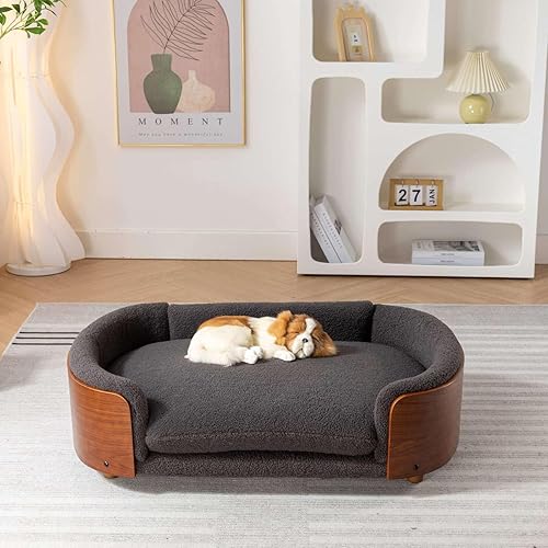 FRITHJILL Elevated Pet Sofa Bed with Solid Wood Legs, Bent Wood Back, and Cashmere Cushion - Luxury Pet Furniture for Cats and Dogs, Grey & Walnut