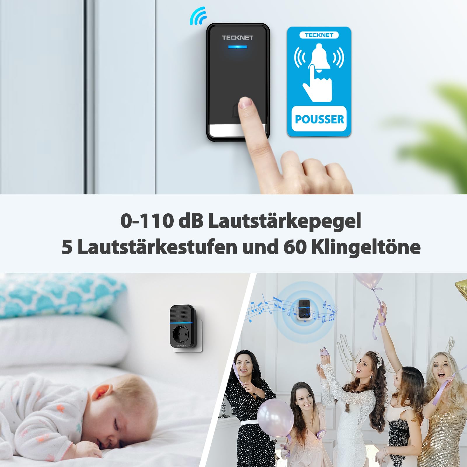 TECKNET Kabellose Türklingel Batterielose, Steckdosen-Funkklingel Wasserdicht Drahtloses Türklingel mit 4 EU-Steckdose und 1 Sender, 400m, 60 Laute Melodien, 5 Lautstärke Stufen, LED-Blinken