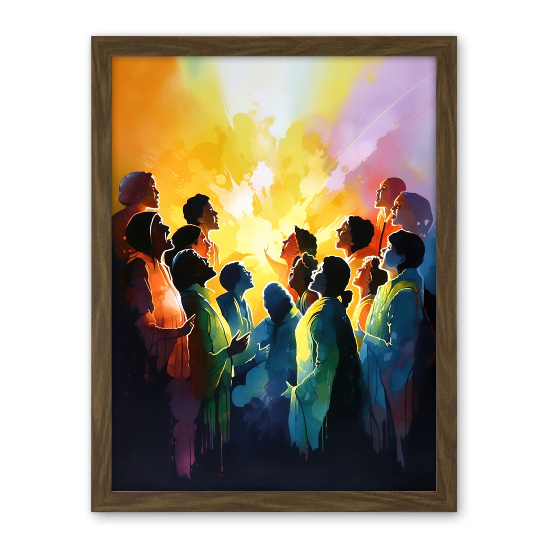 Artery8 Choir Women Singing by Bonfire Modern Rainbow Colour Watercolour Painting Artwork Framed Wall Art Print 18X24 Inch