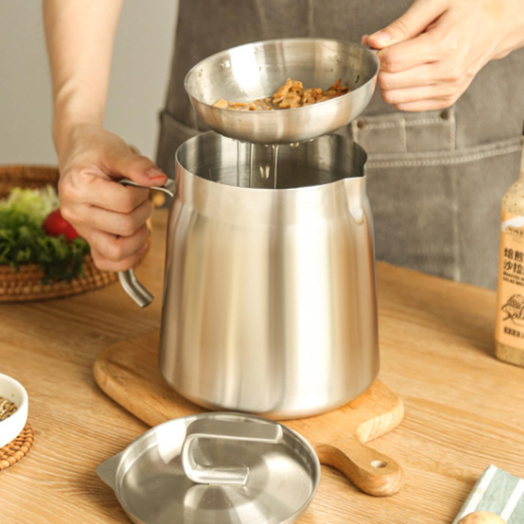 Passoire à huile 2 en 1 et récipient à graisse de bacon – Pot filtrant de cuisson avec solidifiant pour l'élimination, friteuse réutilisable pour la gestion l'huile cuisine