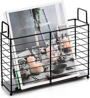 Noamus Metal Magazine Rack - Black Iron Wire Storage Basket with Handles for Newspapers, Books, Tablets, Files | Home Office Organizer