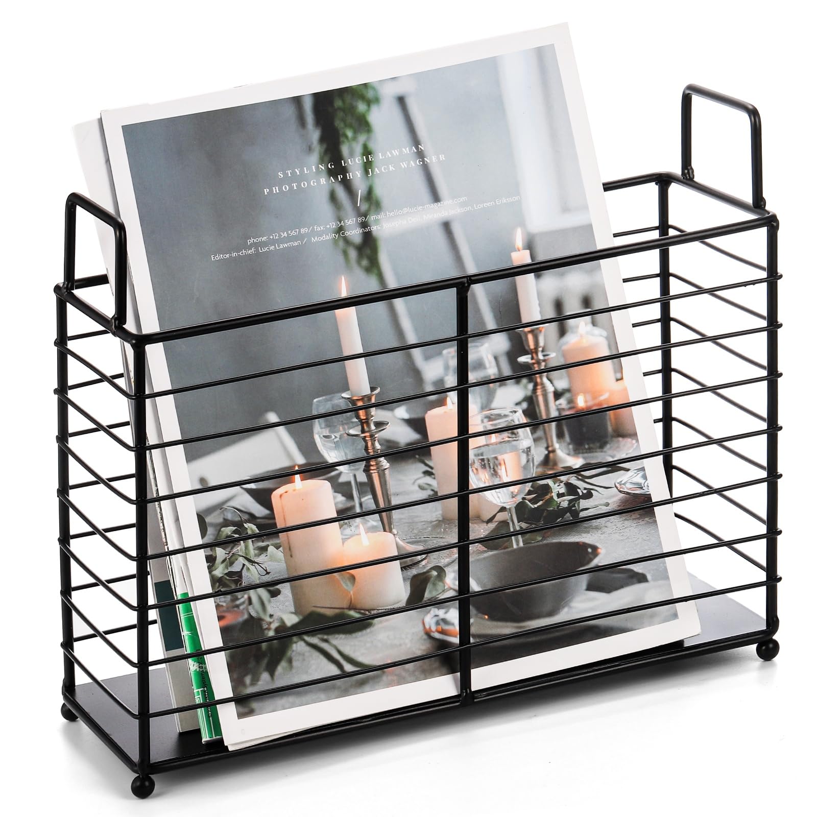 Metal Magazine Rack, Newspaper Book Tablet Storage Basket, File Holder Mail Organizer Bin with Handles, Iron Wire Black Folder Stand Holder for Home Office Bathroom Bedroom Den Living Room