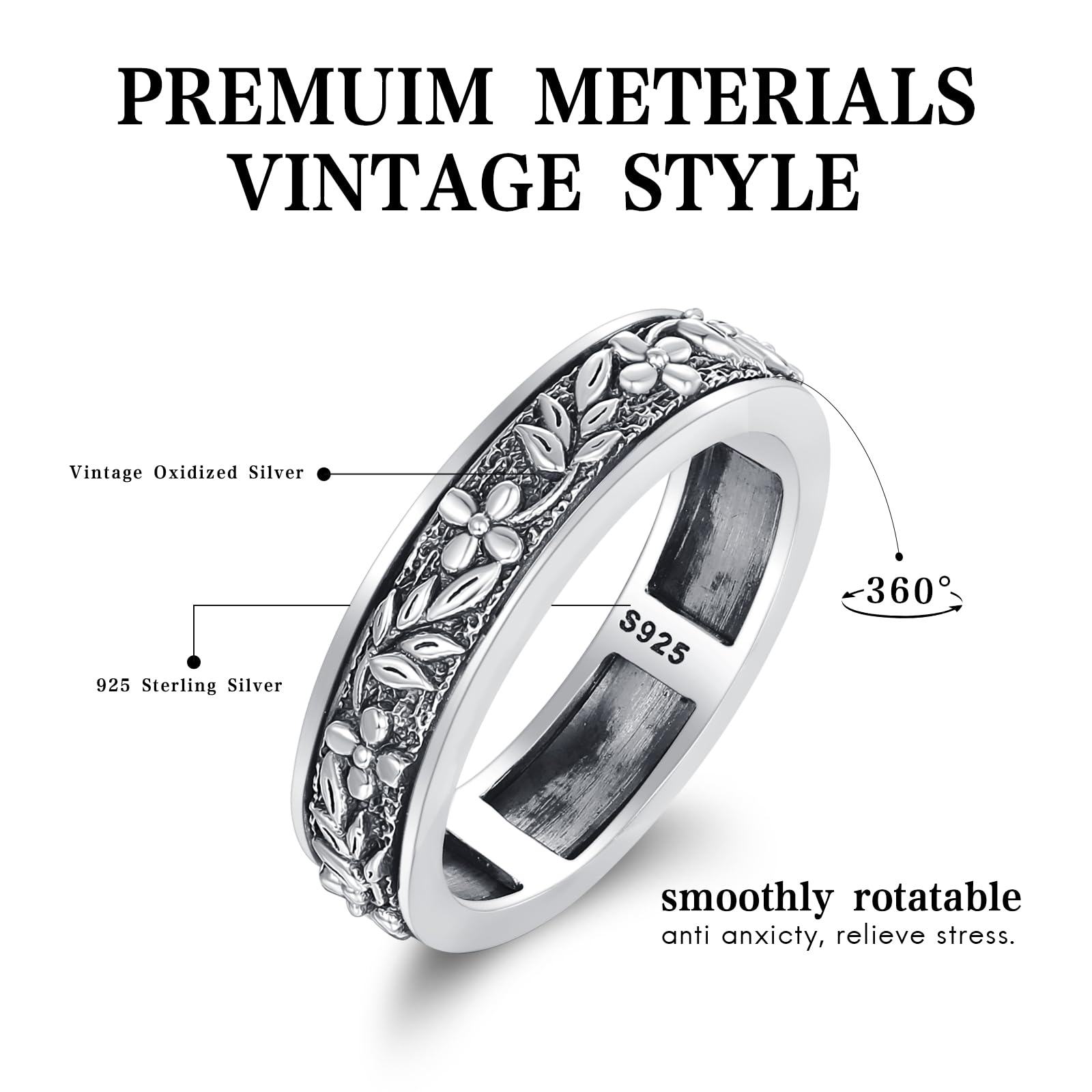 Bague Fidget Spinner en argent sterling 925 - Pour l'anxiété - En filigrane - Pour homme et femme - Cadeau d'anniversaire - Pour la Saint-Valentin, Argent sterling