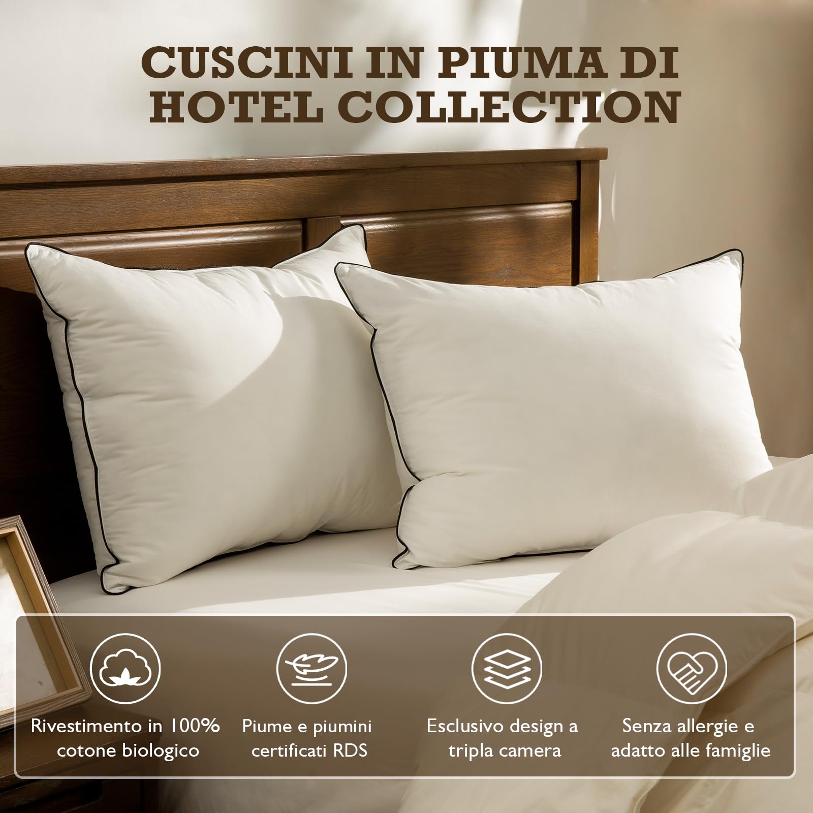 BPC cuscino in piuma e piumino organica, 50x75 set di 2, Lussuoso cuscino letto d'albergo a 3 camere, Cuscino 50x75 cm imbottitura in piuma d'oca con fodera 100% cotone, Bianco
