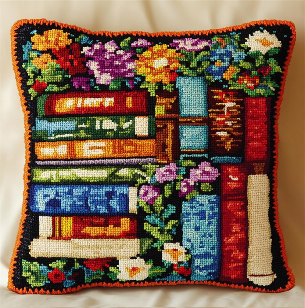 Rqwybcaxn Latch Hook Cushion Kits Books Latch Hook Pillow Case Kits Embroidery Kits 17X17Inch DIY Needlework Pillow Cover Sofa Cushion Rug Making Kits, DIY Craft Kits 17X17Inch