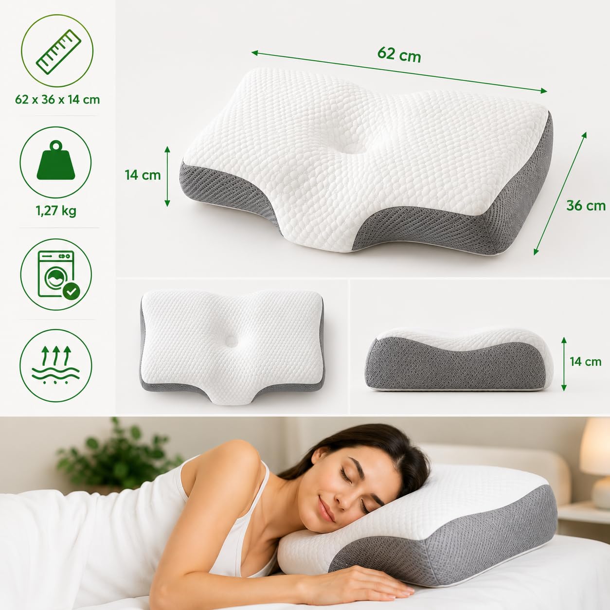 InnovaGoods® Almohada Cervical Viscoelástica Ergonómica para Cervicales y Cuello, Almohada Ortopédica Memory Foam, Funda Lavable 62x36x14 cm
