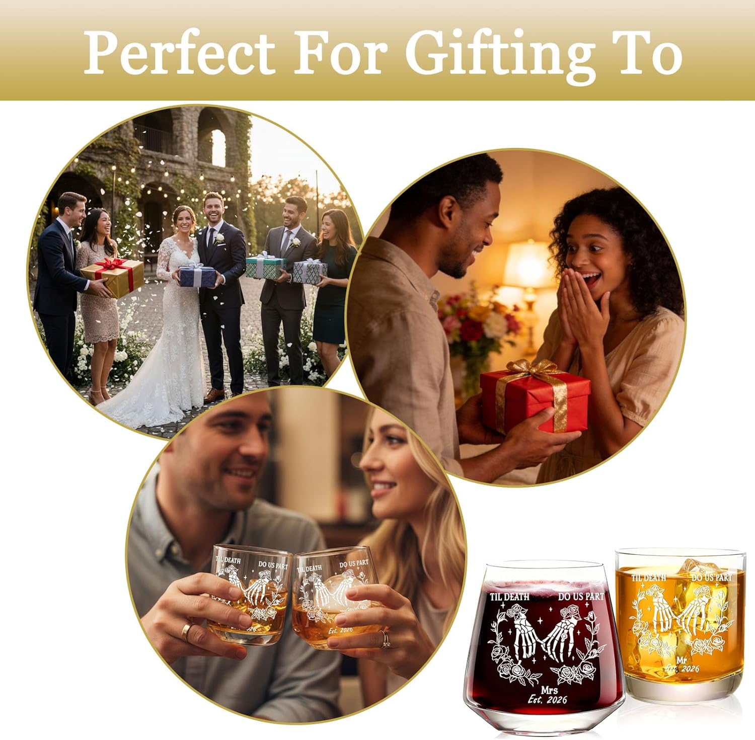 Skull Hand Wine Glass Set for Couples – Gothic Bride & Groom Romantic Anniversary Present– Till Death Do Us Part Glasses for Boyfriend Girlfriend – Unique Wedding Engagement Gift Set of 2