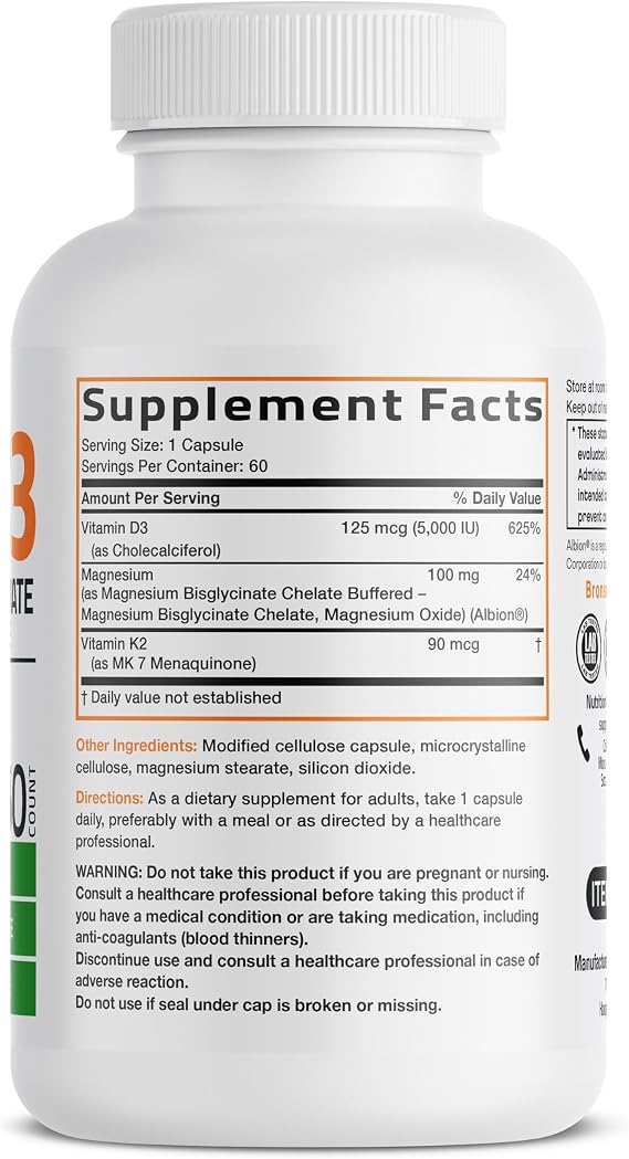 Bronson Vitamin K2+D3 Magnesium Glycinate Supplement, 60 Capsules