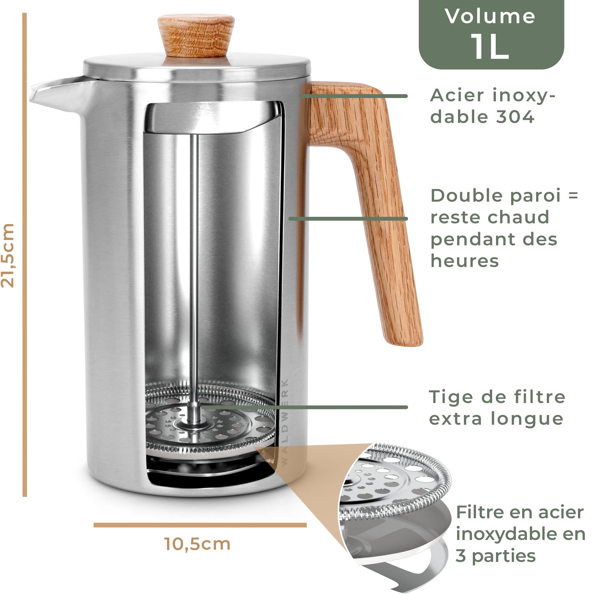WALDWERK Cafetière à Piston (1L) - French Press en Acier Inoxydable à Double Paroi avec Poignée en Bois de Chêne - Cafetière Manuelle Sans Plastique