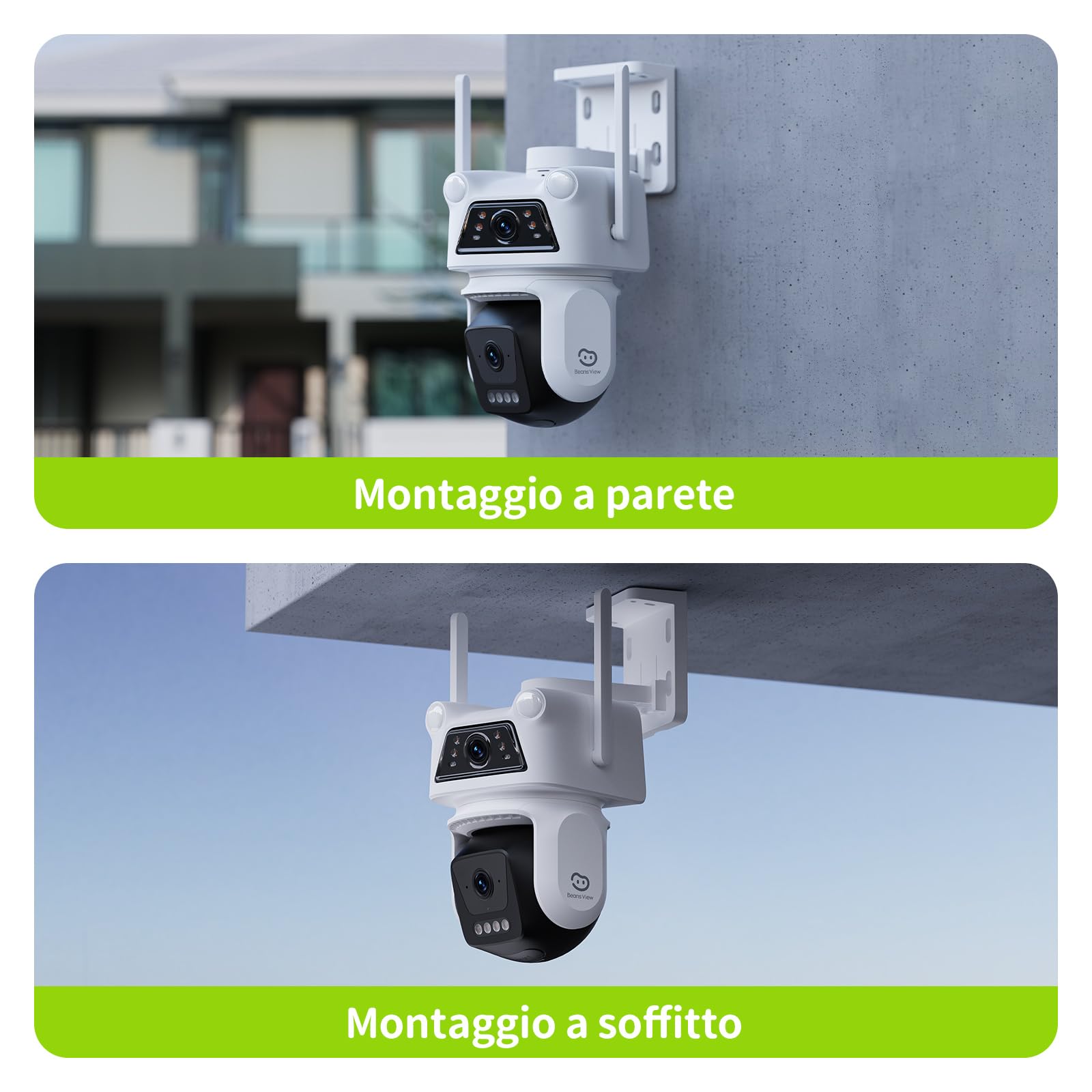 Beans View 2K+2K (3MP+3MP) Telecamera di Sorveglianza Esterno a Doppio Obiettivo, Wi-Fi 2,4 GHz, Sicurezza a 360°, Tracciamento Auto, Rilevamento di Persone, Visione Notturna a Colori (D320)