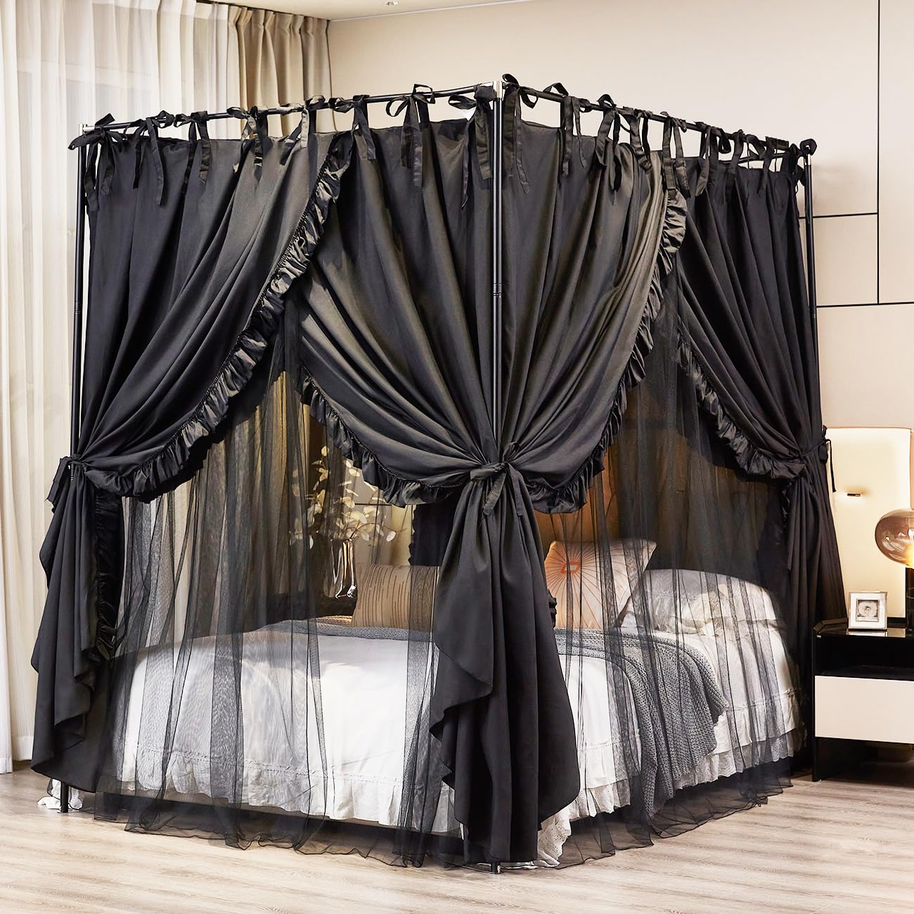 Akiky 4 Corners Post Canopy Bed Curtains Double Layer Cozy Drape Netting 4 Opening Mosquito Net Mesh for Girls Bedroom Decoration(Black,Queen)