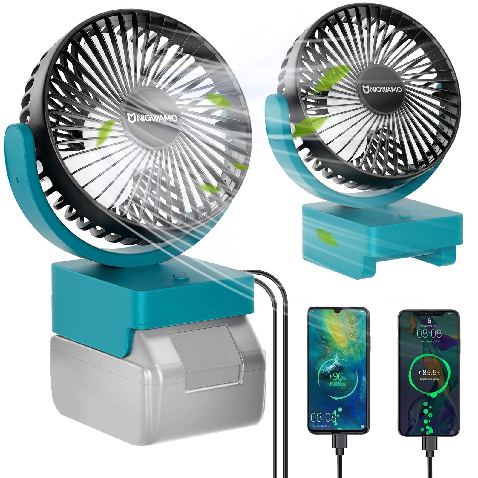 Uniqwamo Portable Rechargeable Fan Compatible for Makita 18V BL1860 BL1850 Lithium-Ion Battery, Jobsite Battery Operated Fan with 3 Speeds Control，USB