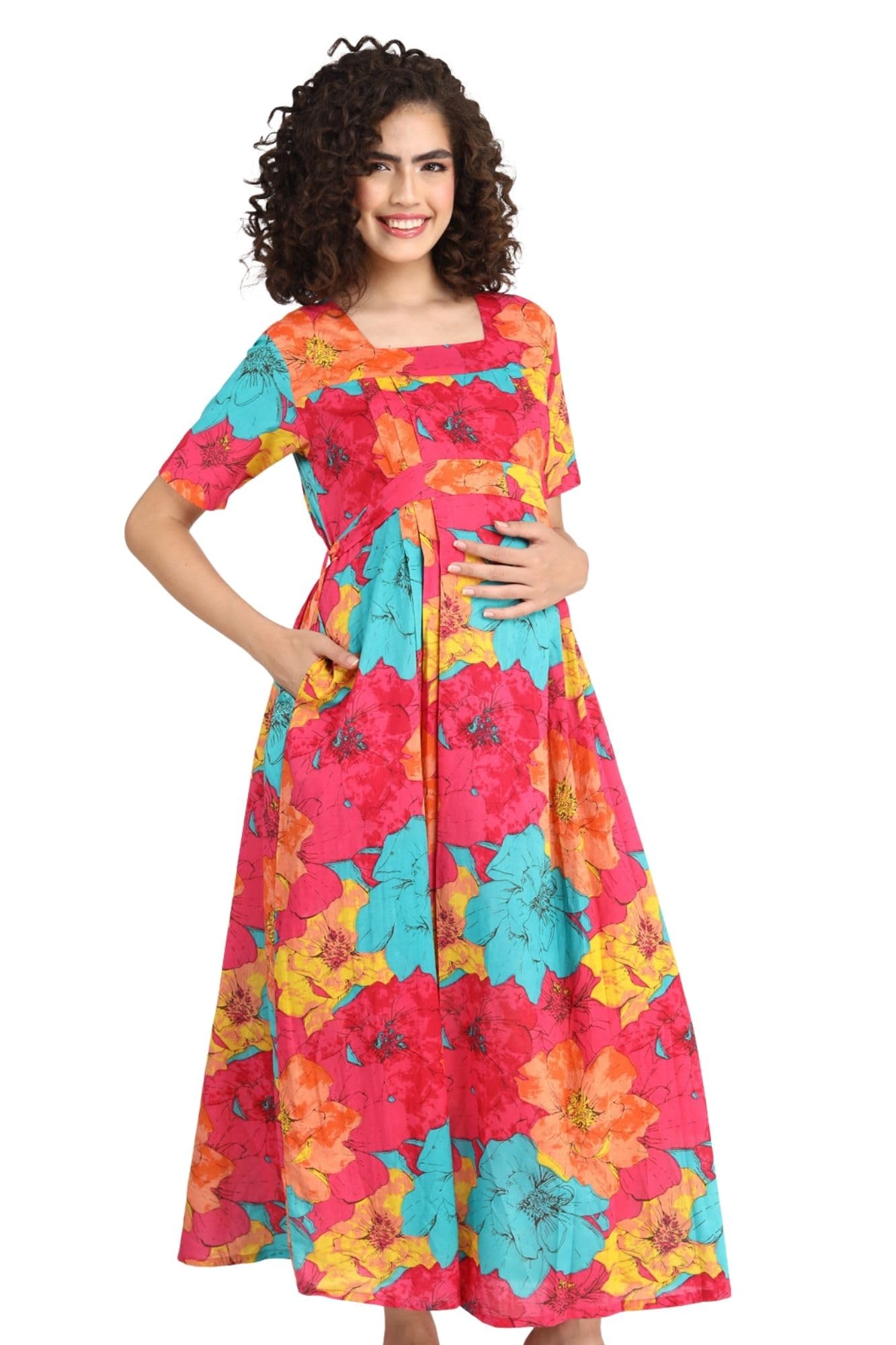 momzjoy Fuchsia Maternity and Nursing Maxi Dress (100% Cotton)-picture-10