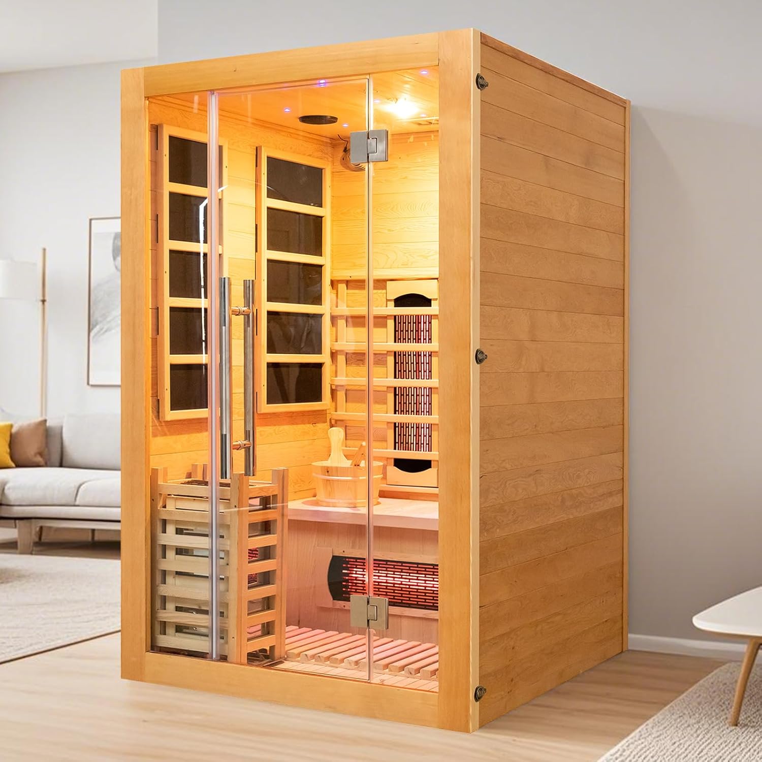 Wood Home Hybrid Sauna for 2 Person, Far Infrared & Steam Dual System Indoor Traditional Saunas, 1900W/3.5KW, 9 Heating Elements and Heating Stove, Speaker, Oxygen Bar, Water Bucket, Rocks, Hemlock