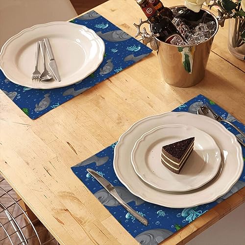 Miniatura 3 de HOSNYE Manatee - Juego de 4 manteles individuales para cocina, mesa de comedor, fondo sin costuras, con diseño de mar tropical, vida silvestre,