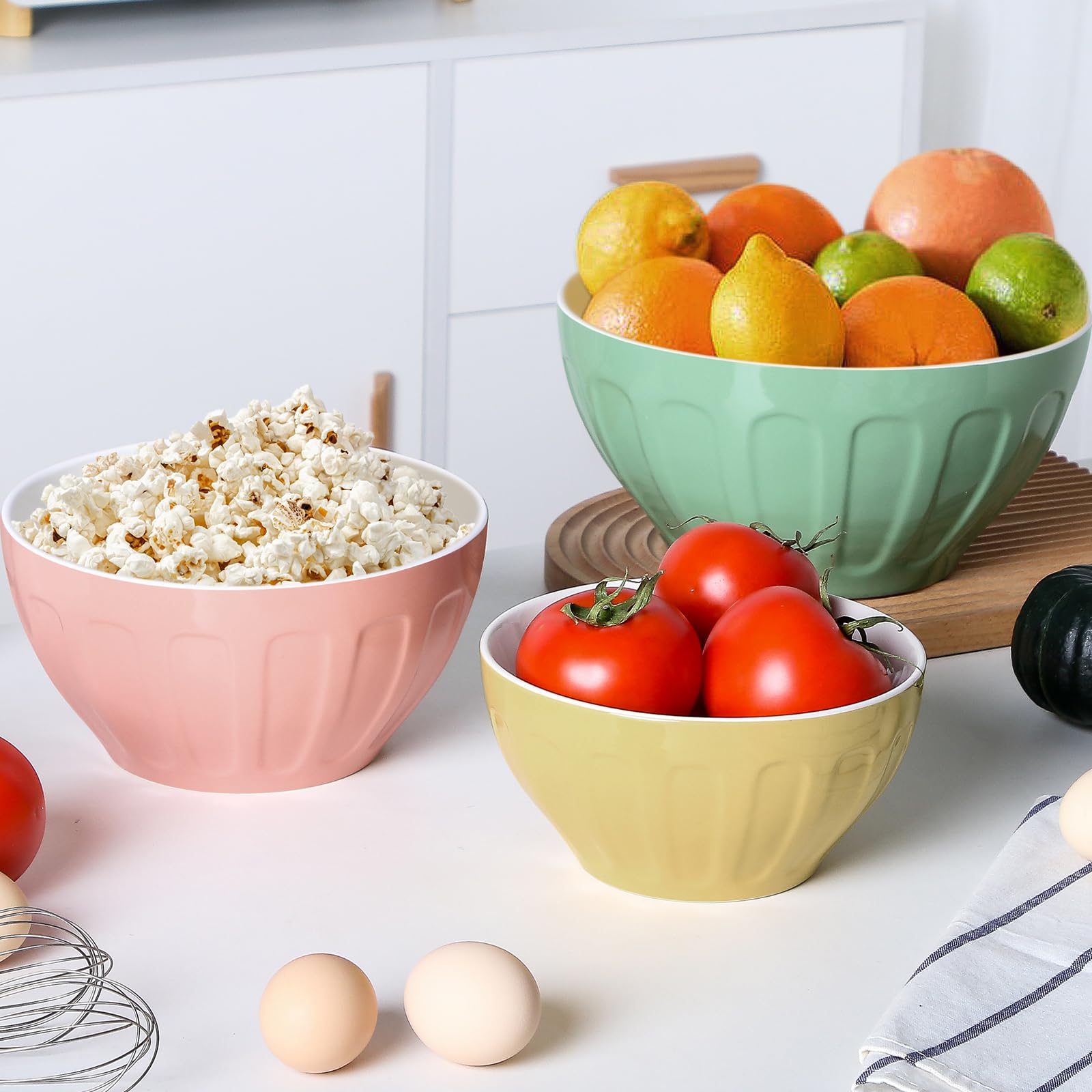 Lareina Ceramic Mixing Bowls for Kitchen, 3 Piece Large Colorful Serving Bowls, 4.25/2/0.5 Qt Deep Microwave Nesting Bowl, Stackable and Functional, Ideal Gift