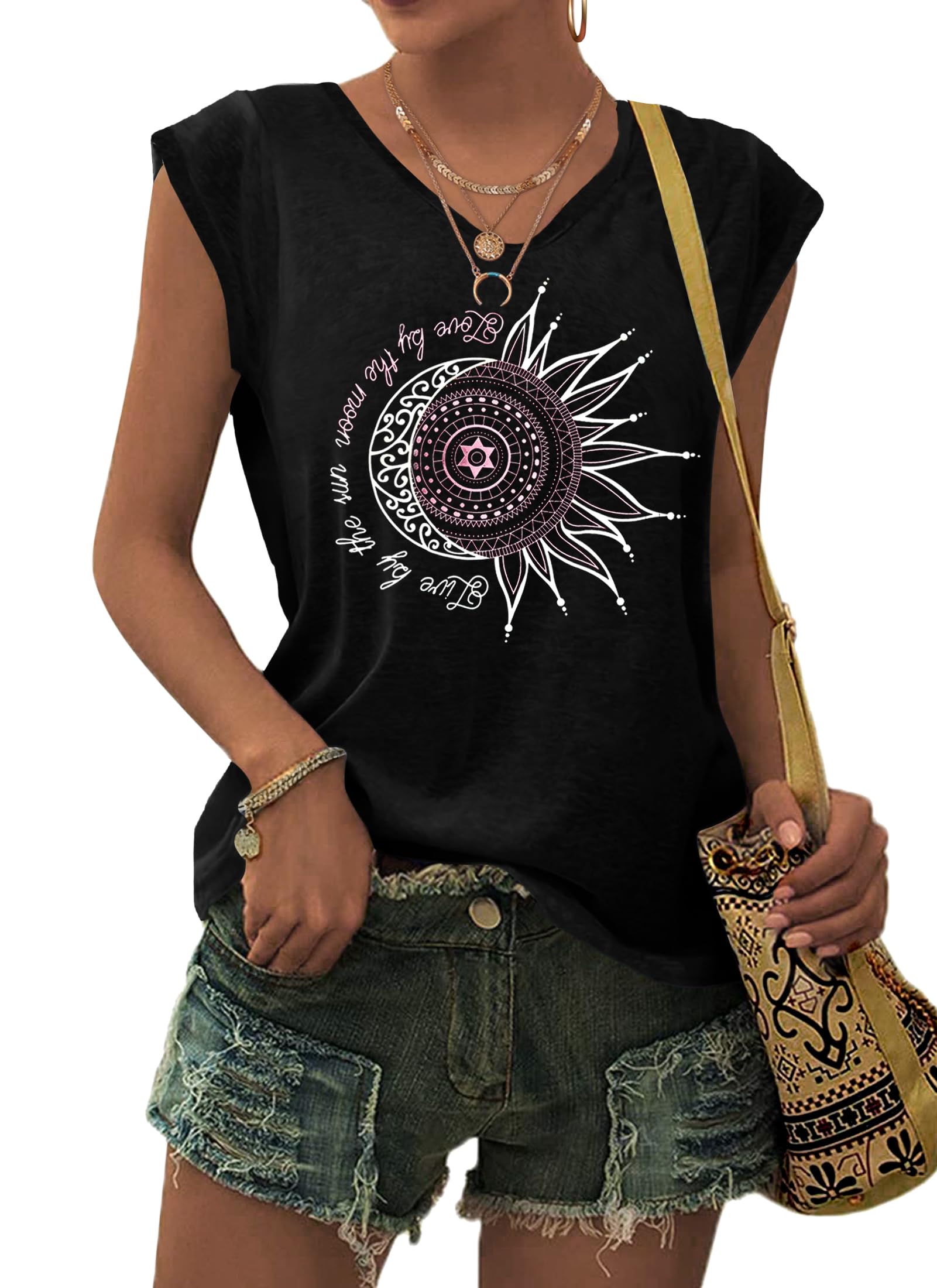 PLMOKEN T-Shirt Sommer Tank Top Damen - Ärmelloses Blusenshirt V Ausschnitt Blusen Shirts Oberteile Offset Bedrucktes Top