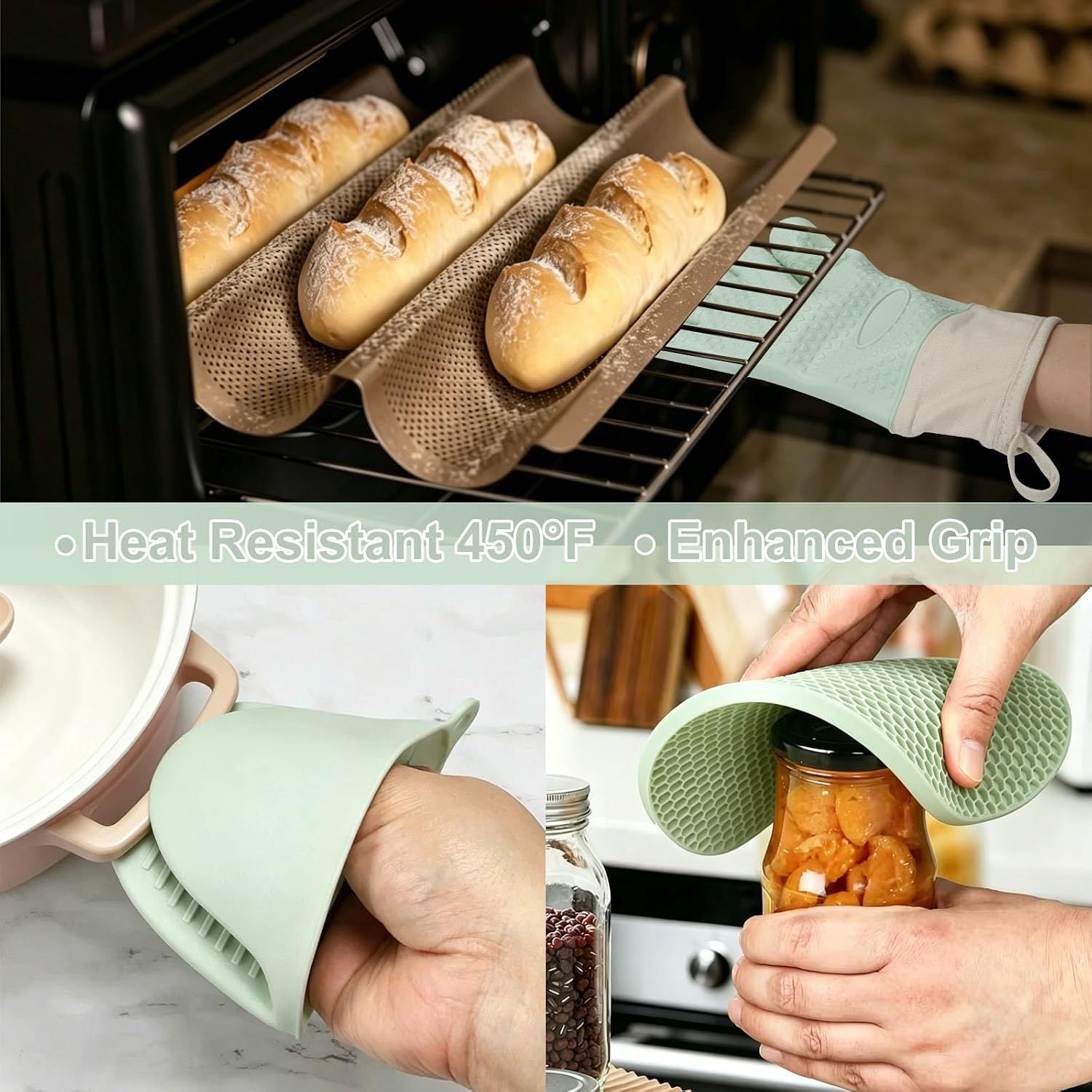 Silicone Oven Mitts 6 Pcs Set, Heat Resistant 450°F Non-Slip for Baking