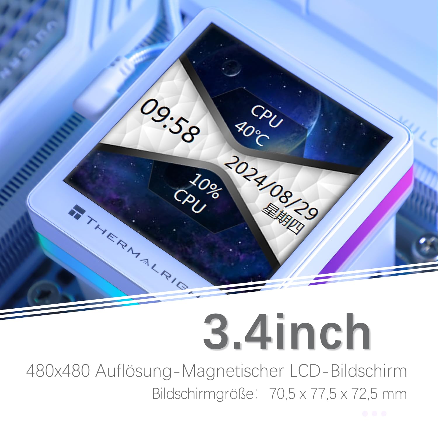 TR-Thermalright Grand Vision 360 ARGB Bianco, ventola di raffreddamento CPU con schermo LCD IPS da 3,4 pollici con risoluzione 480x480, magnete, tema schermo fai-da-te, per AM4/AM5, LGA1851/1700/115x