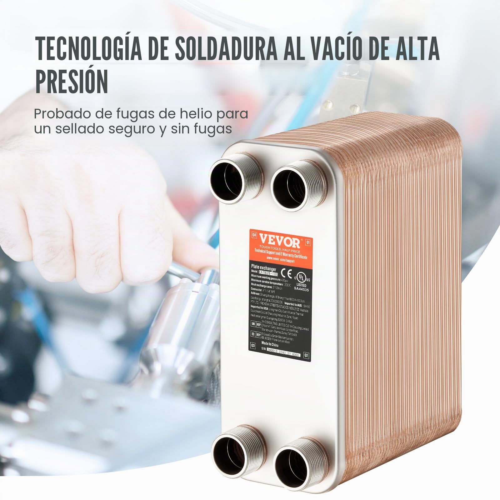 VEVOR Intercambiador de Calor, 80 Placas Soldadas, Cobre/Acero Inoxidable 316 L Agua a Agua para Calefacción por Suelo, Derretimiento de Nieve, Enfriamiento de Cerveza, 301 x 126 x 225 mm, Cobre