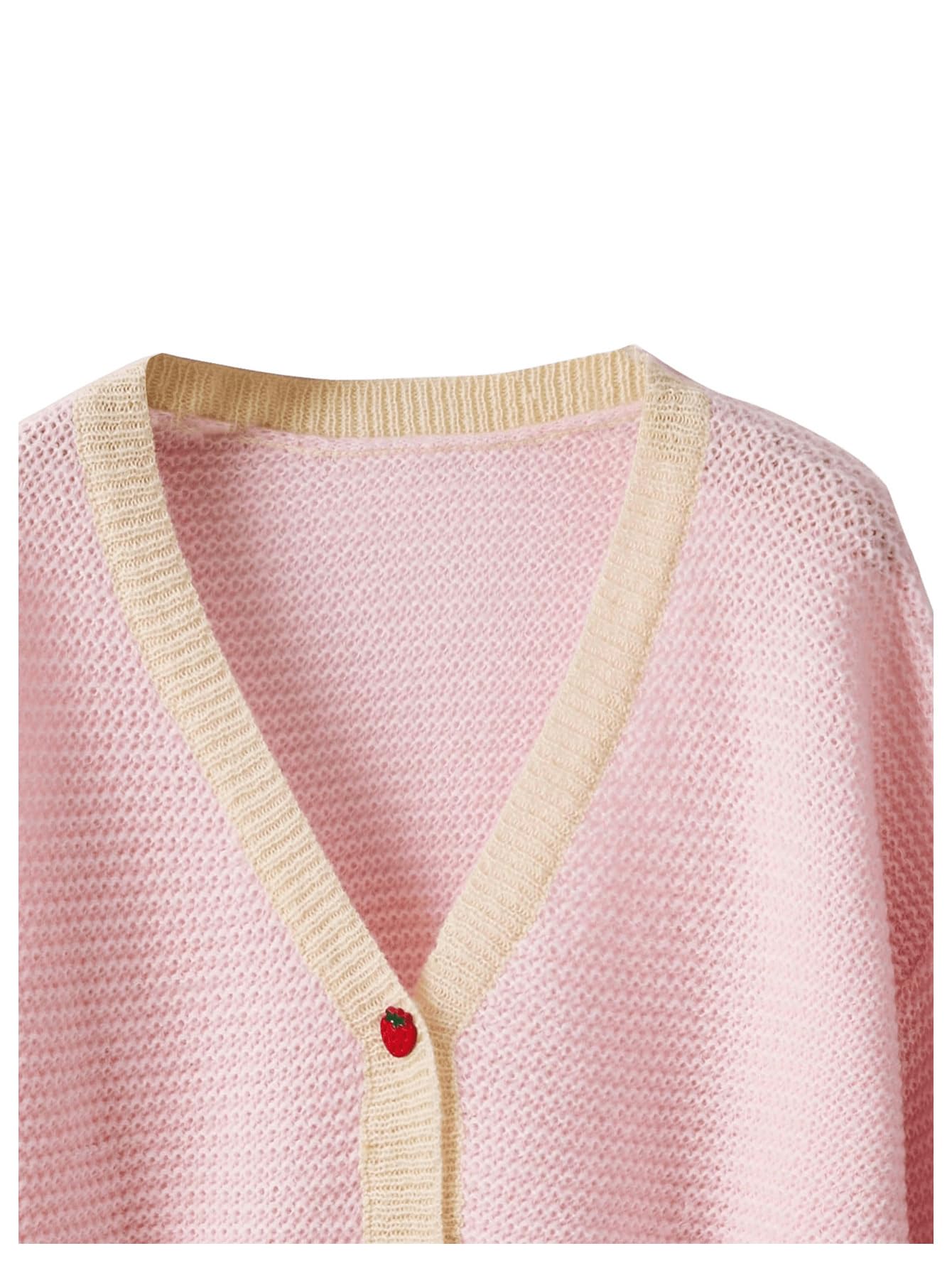 SHENHE Women's Kawaii Strawberry Pattern Cardigan Long Sleeve Open Front Casual Fall Sweater: X-Small Pink