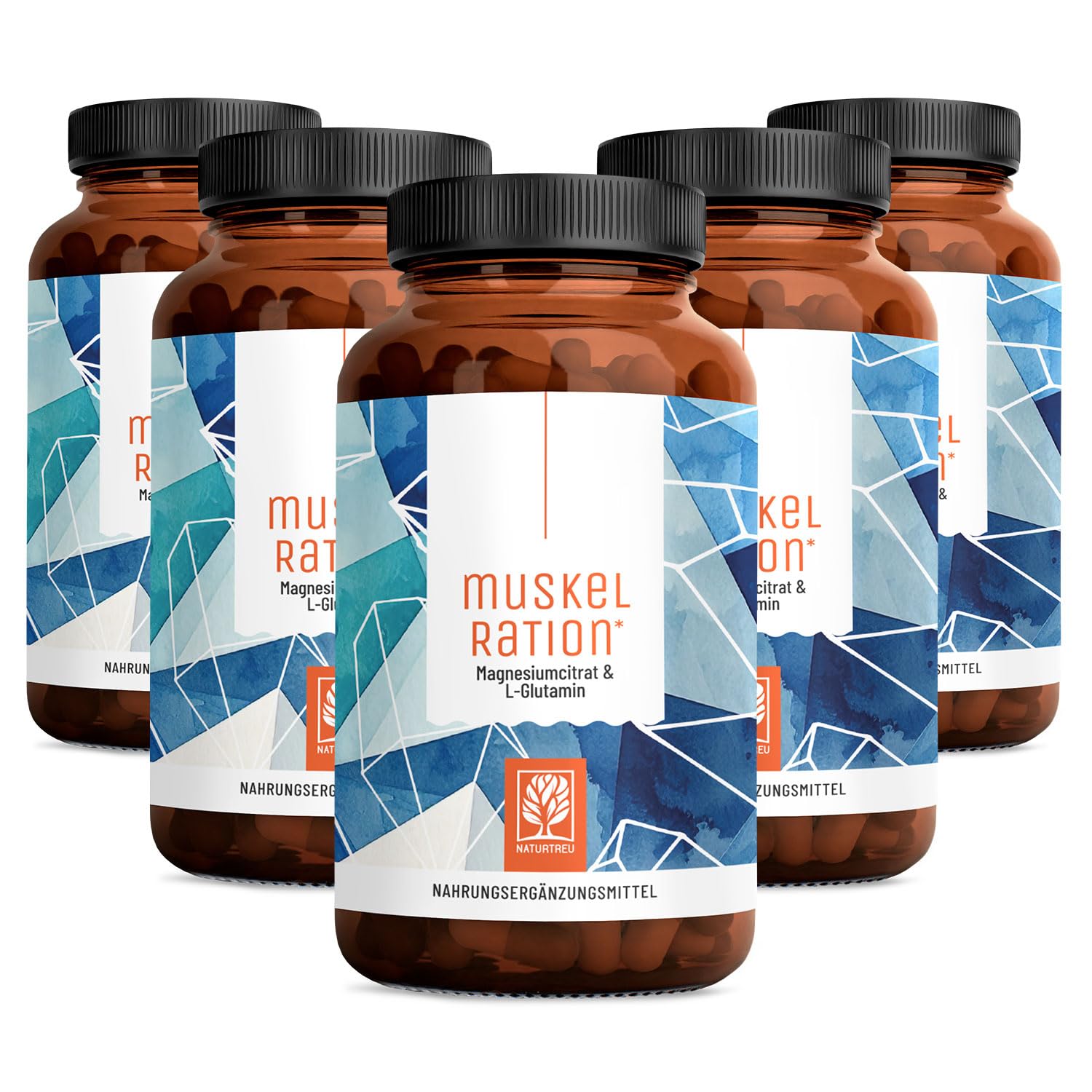 NATURTREU® Magnesiumcitrat hochdosiert - 450 Kapseln, hohe Bioverfügbarkeit | mit L-Glutamin, Zink und Vitamin C - Ideal nach dem Training - Magnesium-Komplex hochdosiert, Vorteilsbundle 5er Paket