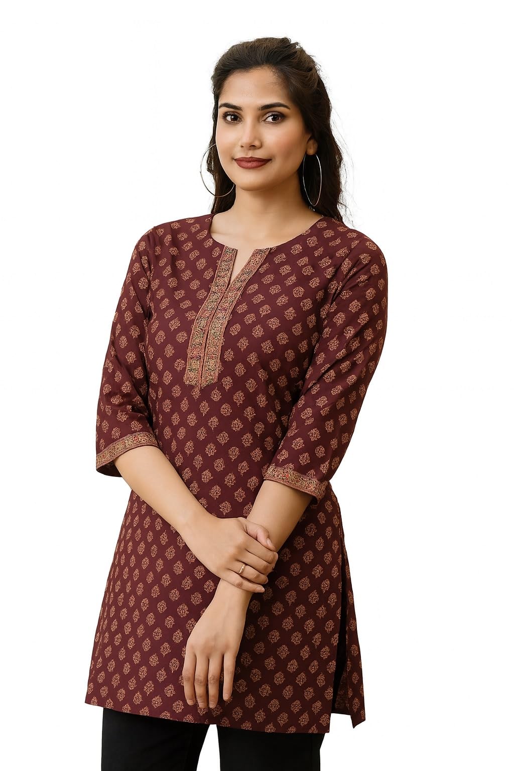 Jack & Jones Viscose Rayon Floral Printed Short Kurta for Women | V Neck Border Design Casual Ethnic Top | Stylish Kurti for Jeans, Palazzo, Pants & Leggings in multi