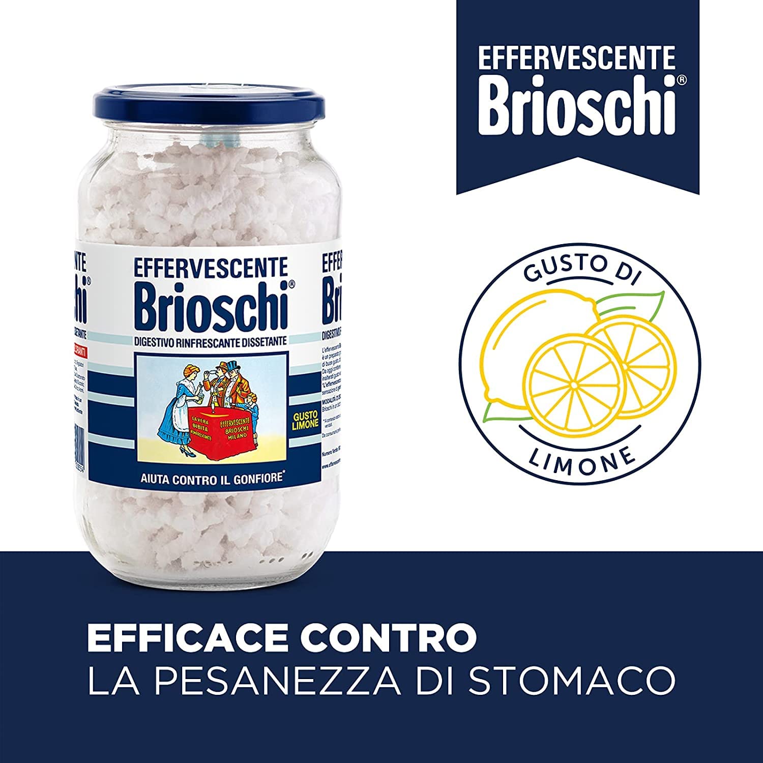 6 disueltos digestivos de Brioschi gusto limón refrescante con sabor a limón.