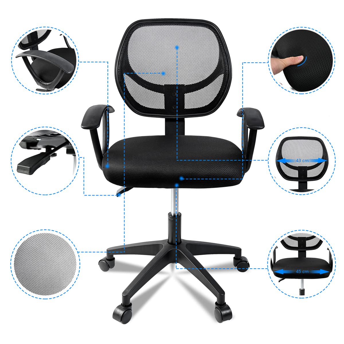 Silla de oficina ergonómica con respaldo de malla transpirable, asiento acolchado, altura ajustable, reposabrazos fijos y ruedas giratorias | Cómoda, funcional y moderna para casa o despacho